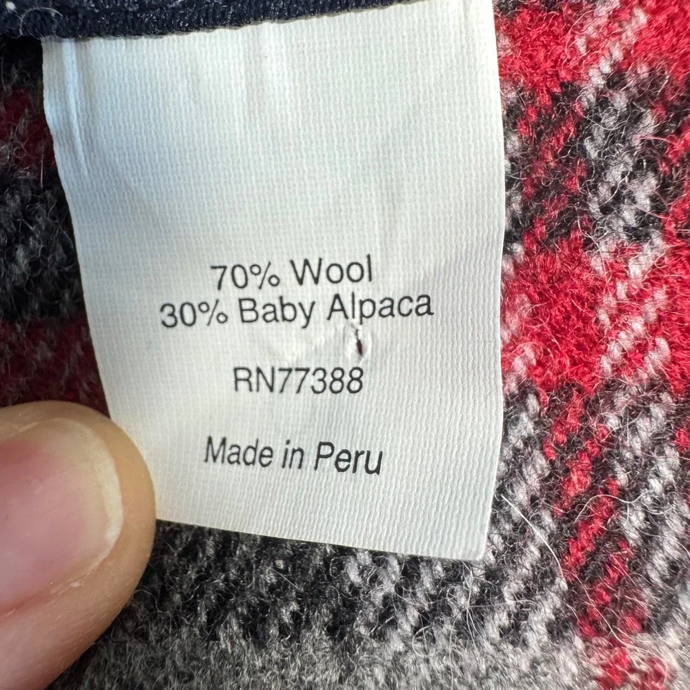 J Crew Buffalo Plaid Scarf Wool Alpaca Red Black Gray Fringe Cabin Cozy‎ Rustic